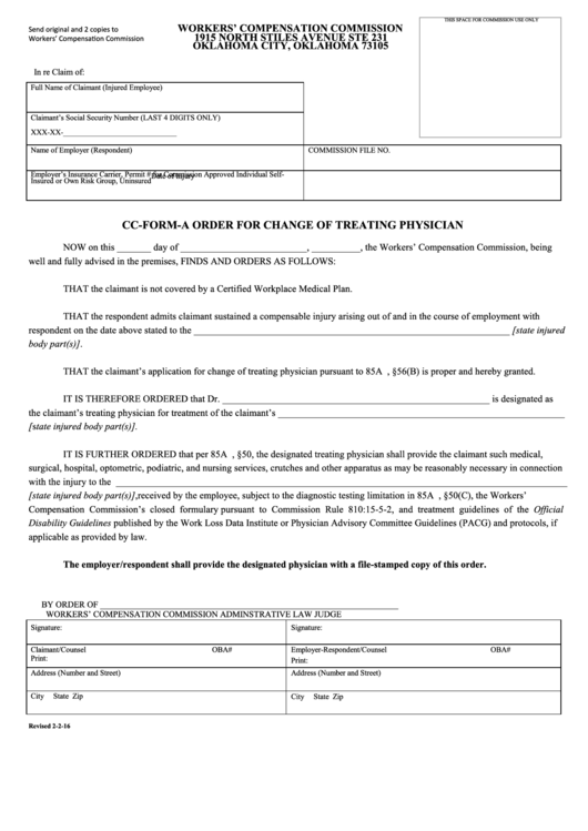 Fillable Cc-Form-A - Order For Change Of Treating Physician Printable pdf