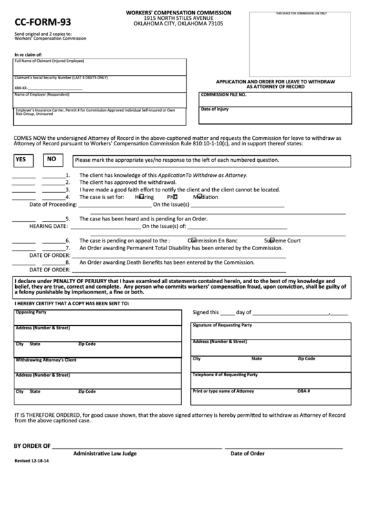Fillable Cc-Form-93 - Application And Order For Leave To Withdraw As Attorney Of Record Printable pdf