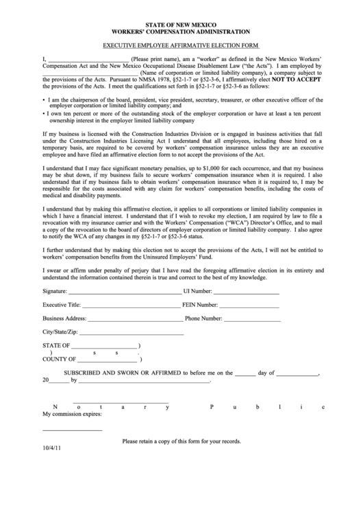 Executive Employee Affirmative Form - State Of New Mexico Workers' Compensation Administration