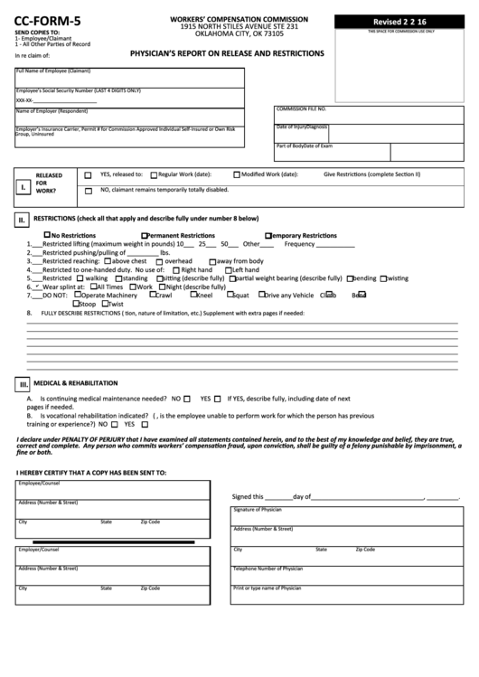 Cc-form-5 - Physician's Report On Release And Restrictions