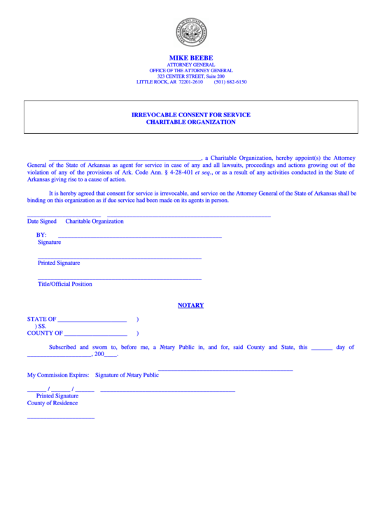 Irrevocable Consent For Service Charitable Organization Form - Attorney General, State Of Arkansas Printable pdf