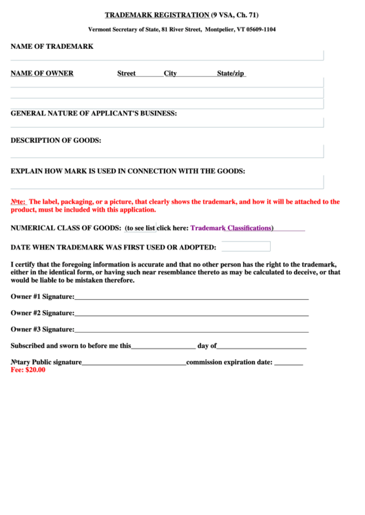 Trademark Registration Form - Secretary Of State, State Of Vermont Printable pdf