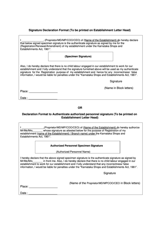 Signature Declaration Format Or Declaration Format To Authenticate Authorized Personnel Signature Forms Printable pdf