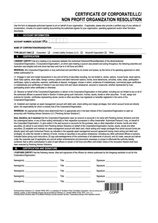 Fillable Certificate Of Corporate/llc/non Profit Organization Form Printable pdf