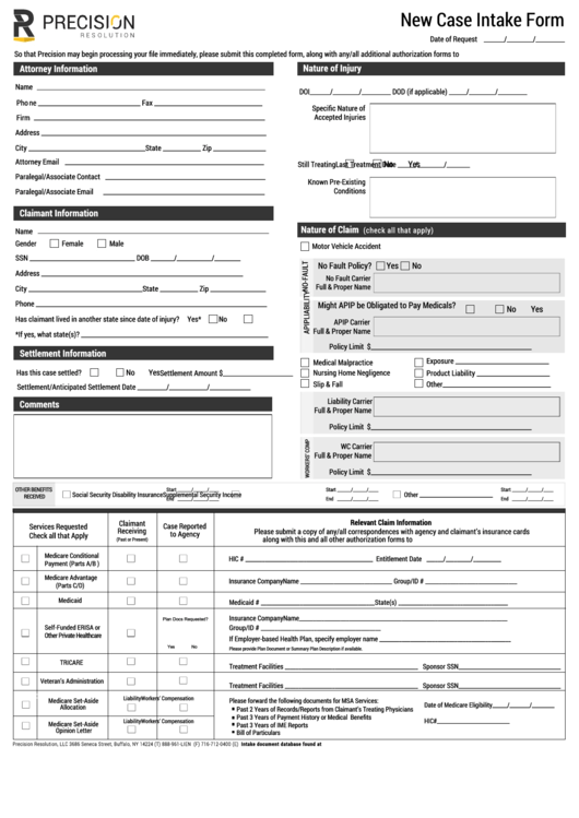 Fillable New Case Intake Form Printable pdf