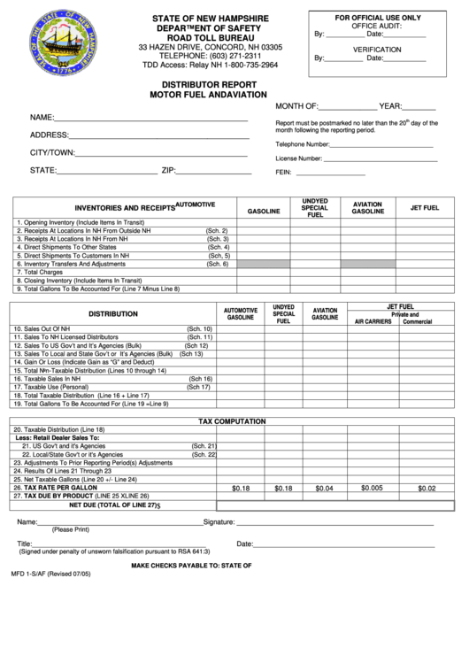 Fillable Form Mfd 1-S/af - Distributor Report Motor Fuel And Aviation - Departament Of Safety Road Toll Bureau, State Of New Hampshire Printable pdf