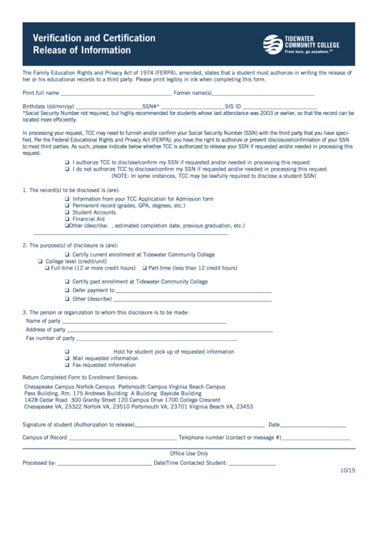 Verification And Certification Release Of Information Form - Tidewater Community College