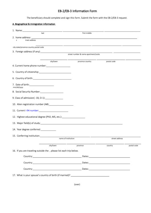 Fillable Eb2/eb3 Information Form (Eta Form 9089) printable pdf download