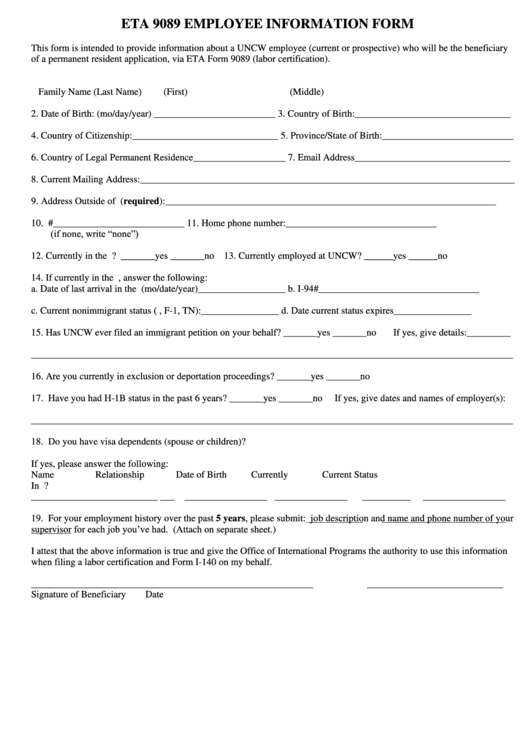 Fillable Form H-1b Eta 9089 - Employee Information Form Printable pdf