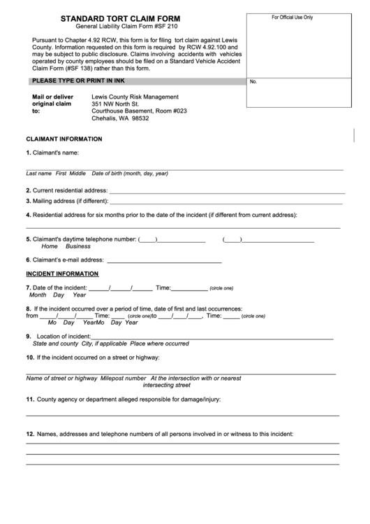 Fillable Standard Tort Claim Form Printable pdf