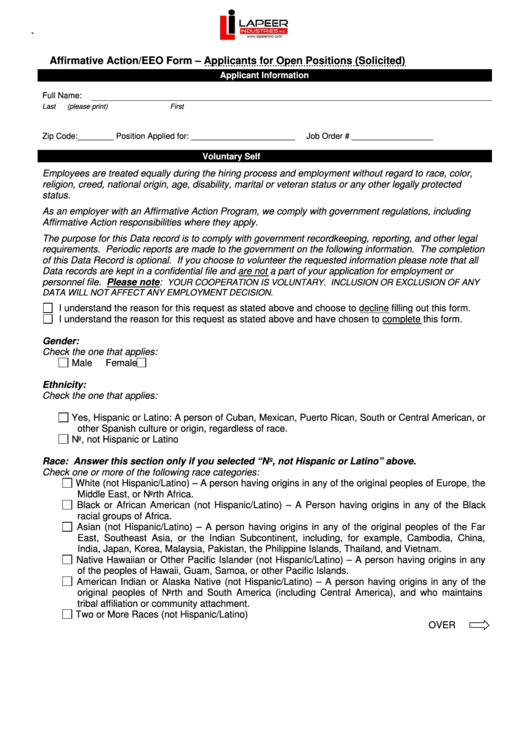 Affirmative Action/eeo Form Printable pdf
