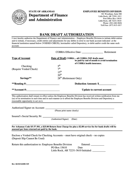 Fillable Form 4200-F-05 Bank Draft Authorization Printable pdf