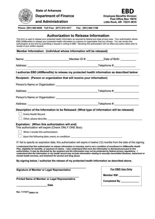 2000-F-10 Authorization To Release Health Information Form Printable pdf