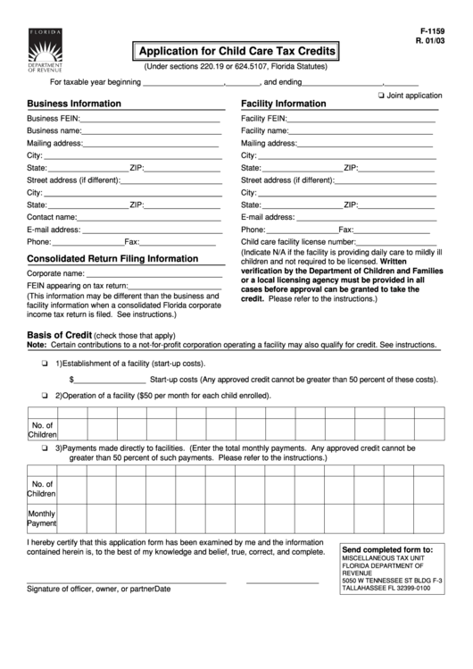 Form F-1159 - Application For Child Care Tax Credits - 2003 Printable pdf