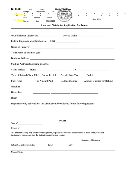 Fillable Form Mfd-33 - Licensed Distributor Application For Refund - Georgia Department Of Revenue Printable pdf