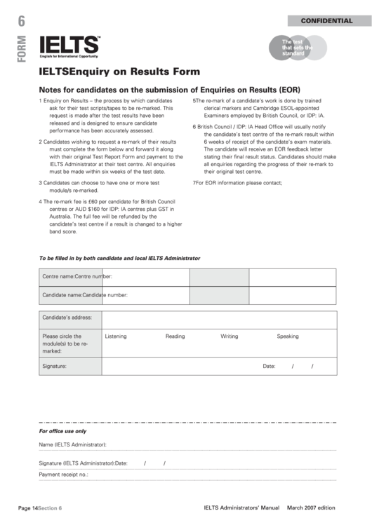 Ielts Enquiry On Results Form - Form 6 Printable pdf