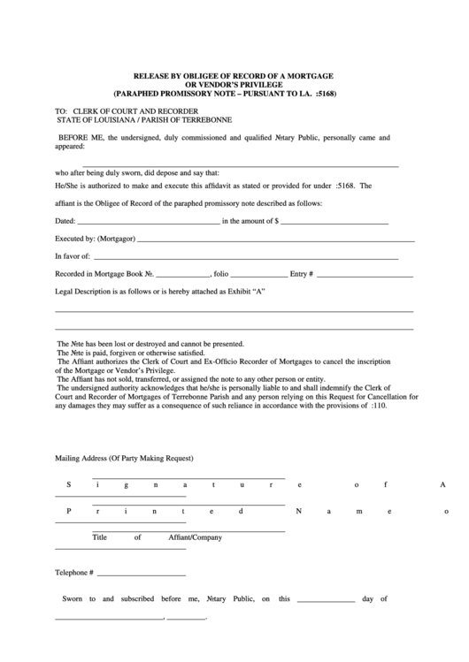 Fillable Release By Obligee Of Record Of A Mortgage Or Vendor