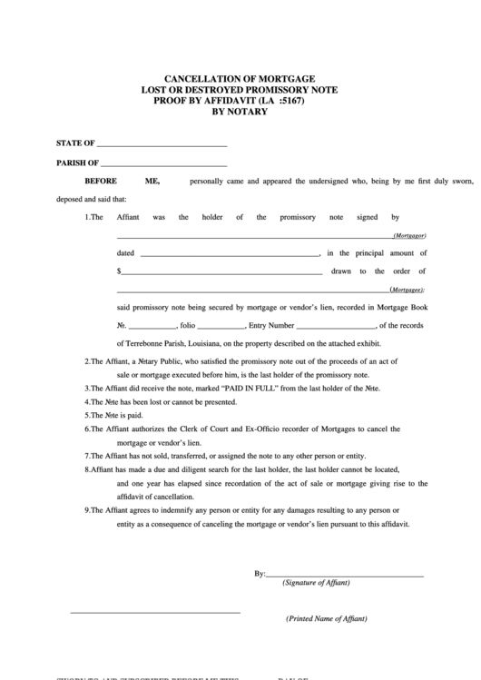 Fillable Cancellation Of Mortgage Lost Or Destroyed Promissory Note Proof By Affidavit (La R.s. 9:5167) By Notary Form Printable pdf