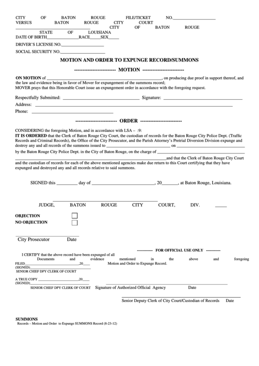 Fillable Motion And Order To Expunge Record/summons Form Printable pdf
