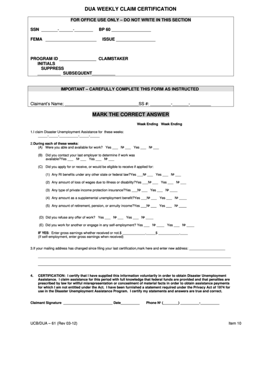 Form Ucb/dua - 61 Dua Weekly Claim Certification Printable pdf
