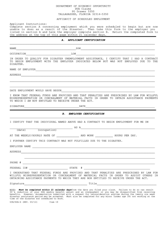 Form Ucb/dua-6 Affidavit Of Scheduled Employment