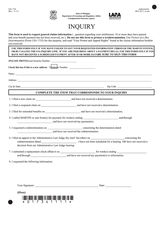 Fillable Uia 1734 Inquiry Form Printable pdf