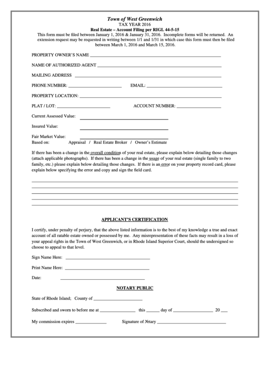 Real Estate - Account Filing Per Rigl 44-5-15 Form - Town Of West Greenwich Printable pdf