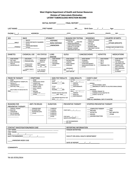 Form Tb-101 - Latent Tuberculosis Infection Record - West Virginia Department Of Health And Human Resources Printable pdf