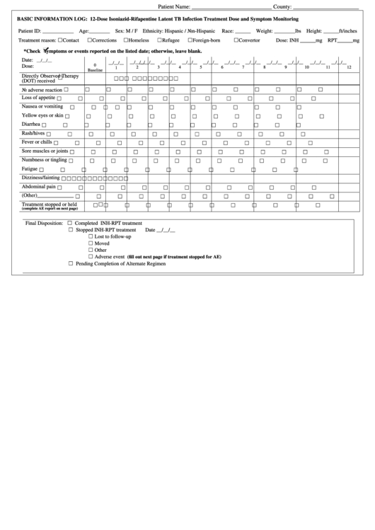 12-Dose Isoniazid-Rifapentine Latent Tb Infection Treatment Dose And Symptom Monitoring Log Printable pdf