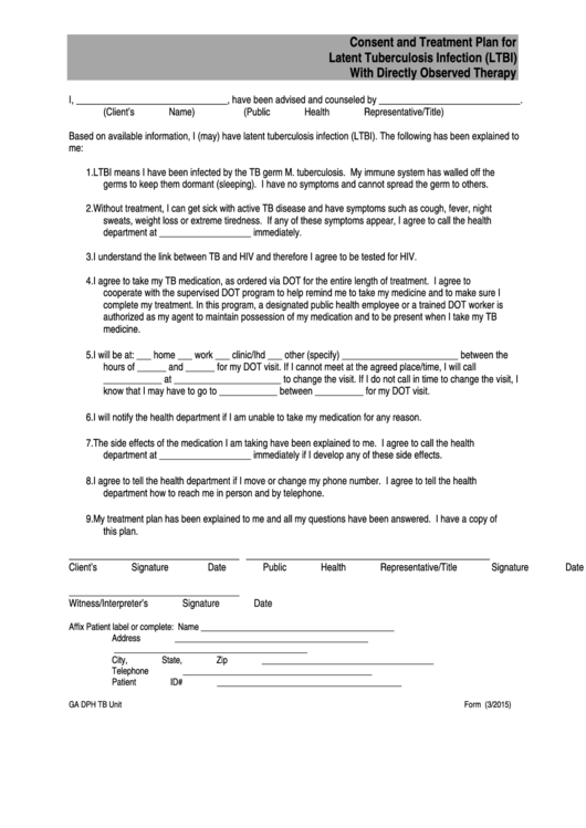 Form 603.ltbi - Consent And Treatment Plan For Latent Tuberculosis Infection (Ltbi) With Directly Observed Therapy Printable pdf