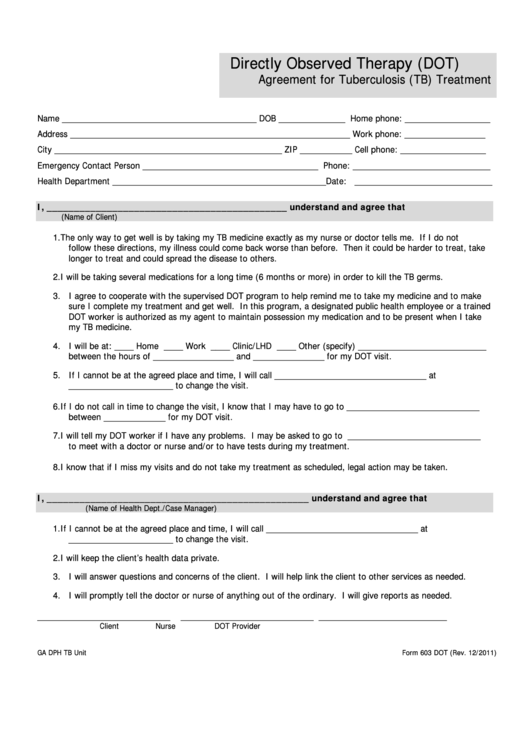 Form 603 Dot - Directly Observed Therapy (Dot) Agreement For Tuberculosis Treatment Printable pdf