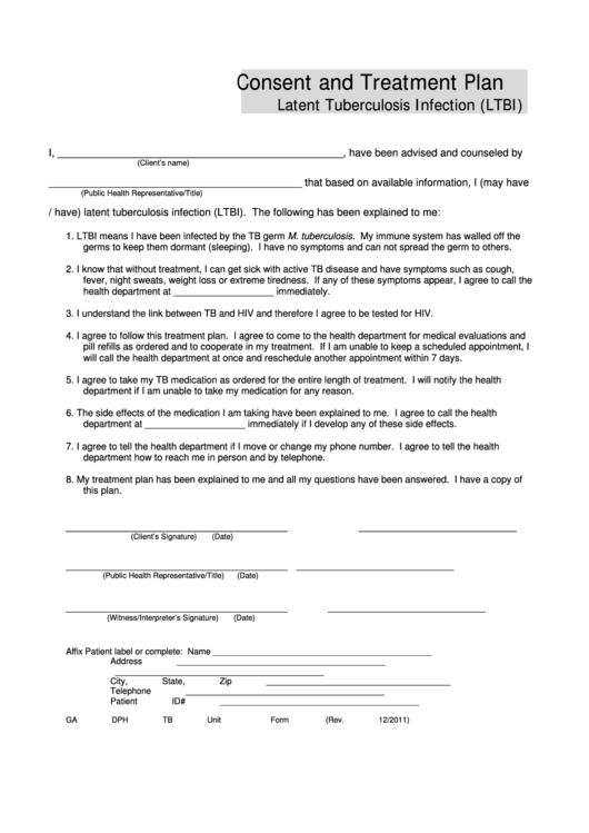 Form 3609.ltbi - Consent And Treatment Plan Latent Tuberculosis Infection (Ltbi) Printable pdf