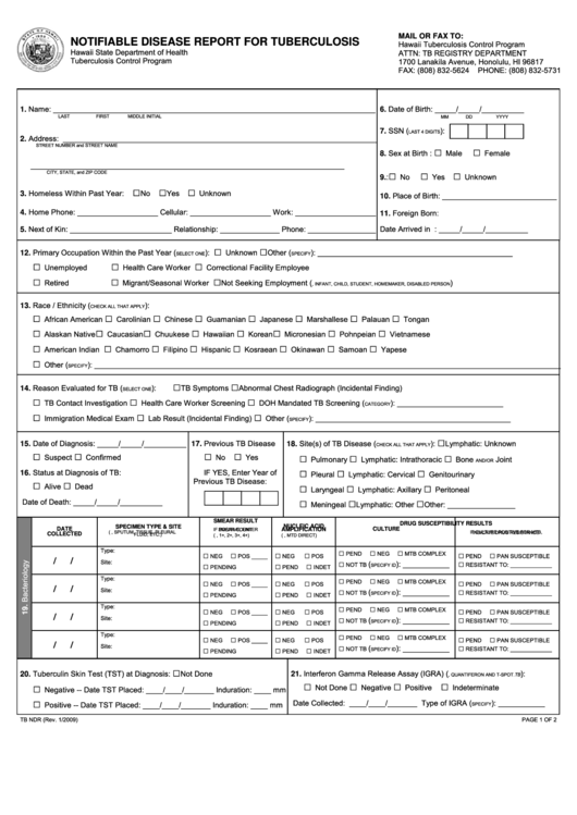 Form Tb Ndr - Notifiable Disease Report For Tuberculosis - Hawaii State Department Of Health Printable pdf