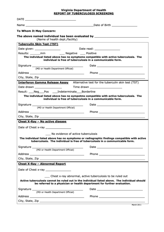 Report Of Tb Screening Form Printable pdf
