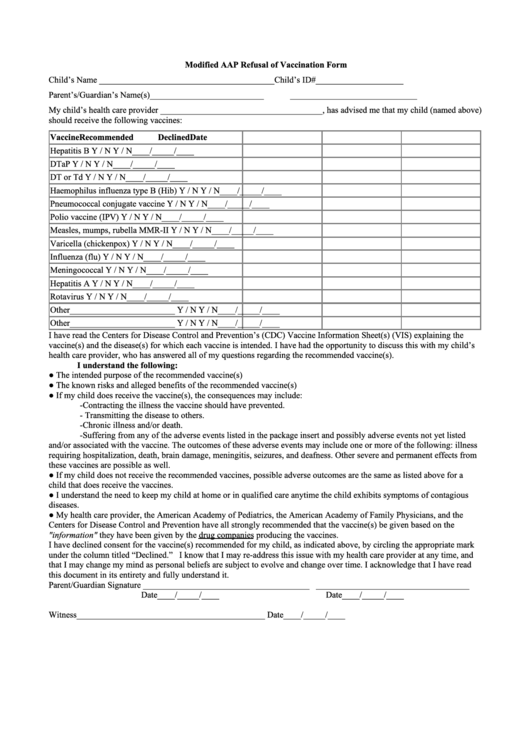 Modified Aap Refusal Of Vaccination Form Printable pdf