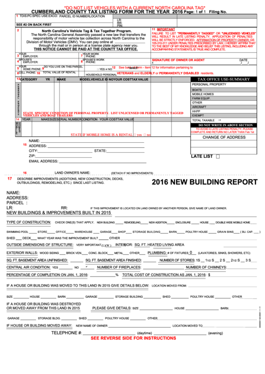 Fillable Cumberland County Tax Listing Form - 2016 Printable pdf