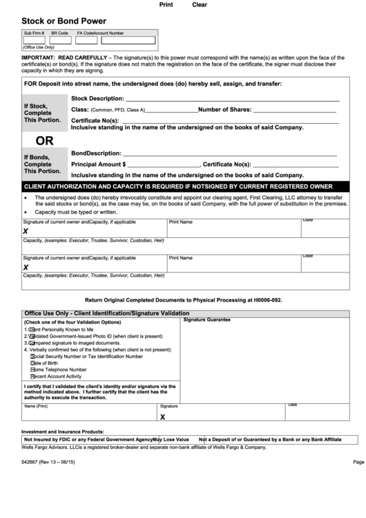 Fillable Form 542667 - Stock Or Bond Power Printable pdf