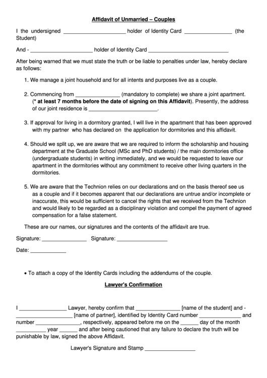 Affidavit Of Unmarried Form - Couples Printable pdf