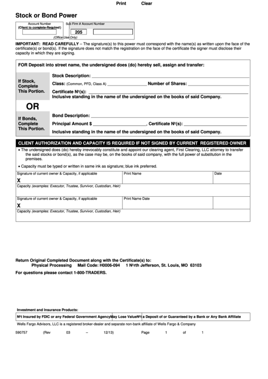 Fillable Form 590757 - Stock Or Bond Power Printable pdf