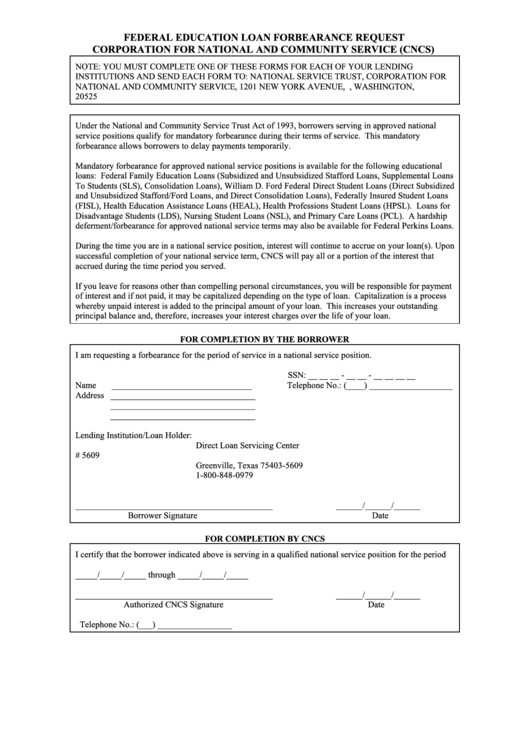 Federal Education Loan Forbearance Request Form - Corporation For National And Community Service (Cncs) Printable pdf