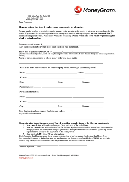 Money Order Dearch Form - Moneygram Printable pdf