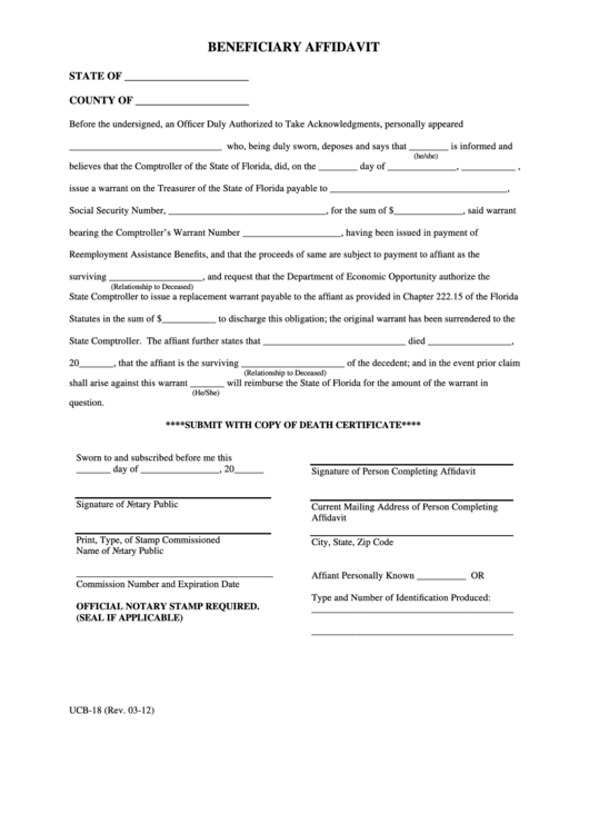Form Ucb-18 Beneficiary Affidavit Printable pdf