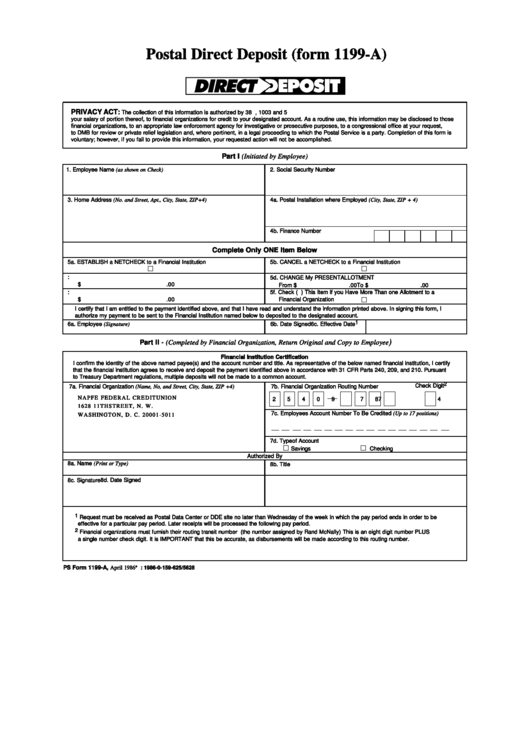 Form 1199a Postal Direct Deposit Printable pdf