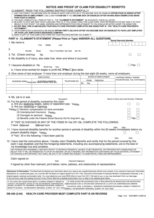 Fillable Db-450 Form - Notice And Proof Of Claim For Disability Benefits Printable pdf