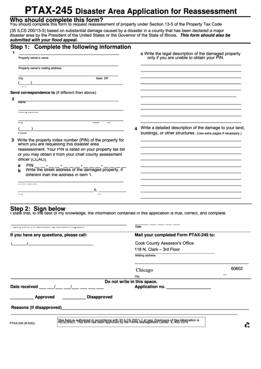 Fillable Form Ptax-245 - Disaster Area Application For Reassessment Printable pdf
