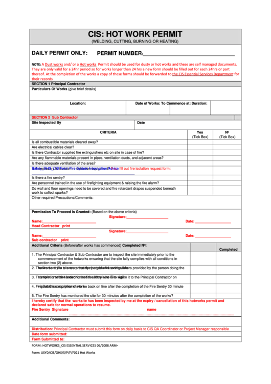 Cis Hot Work Permit Form Printable Pdf Download