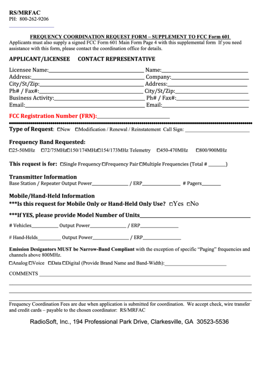 Form 601 - Supplement To Fcc - Frequency Coordination Request Form Printable pdf