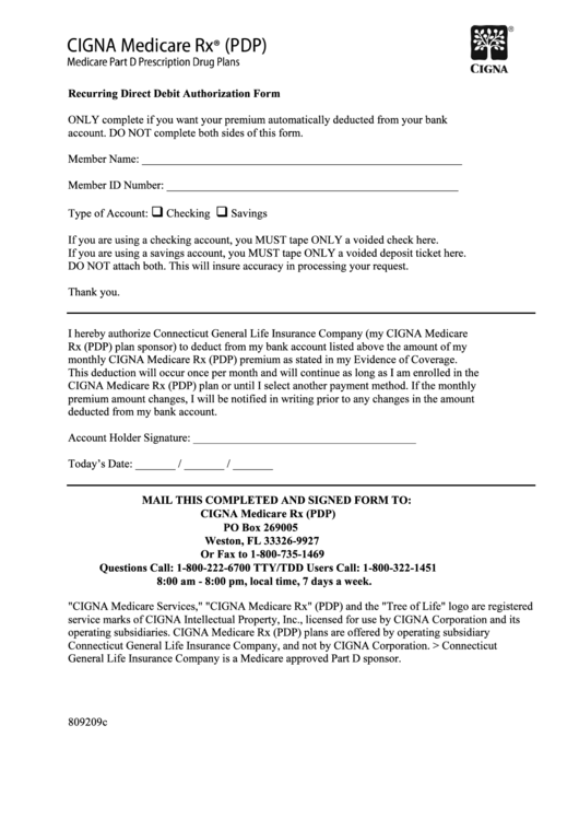 Recurring Direct Debit Authorization Form - Cigna Medicare Rx (Pdp) Printable pdf