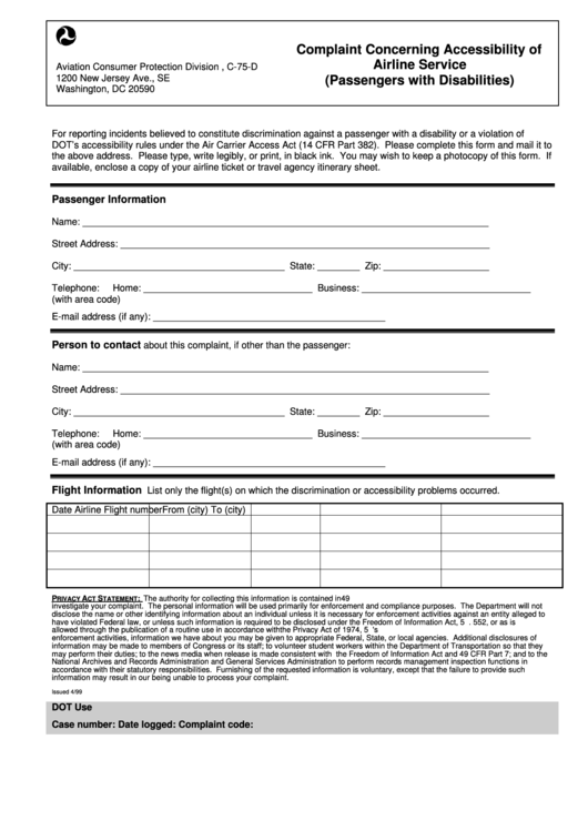 Form 382 - Complaint Concerning Accessibility Of Airline Service (Passengers With Disabilities) - Department Of Transportation Forms Printable pdf