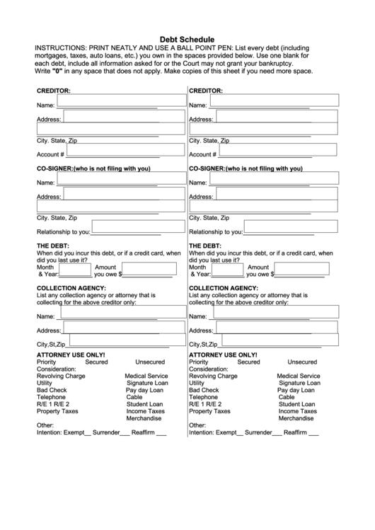 Fillable Debt Schedule Form Printable pdf